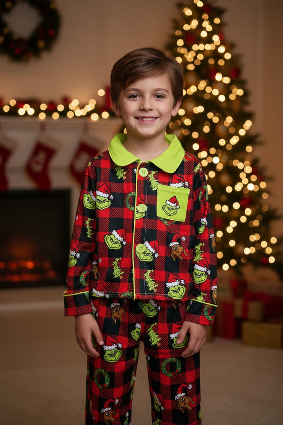 Unisex plaid Grinc* printed pajamas set. GLP071805-sol