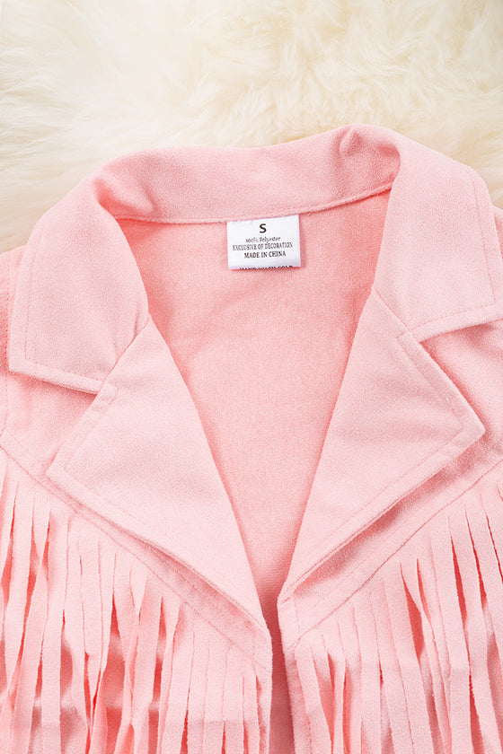 Lt. pink faux suede vest with fringe. TPG65153093-JEANN