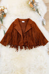 Coffee brown faux suede fringe jacket. TPG60153010-AMYS