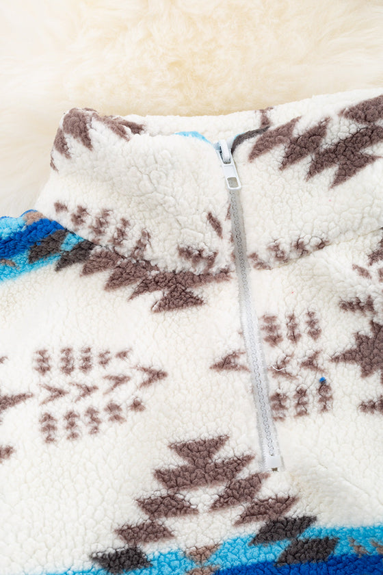 Aztec/brown on white sherpa pullover. TPG60153026-SOL