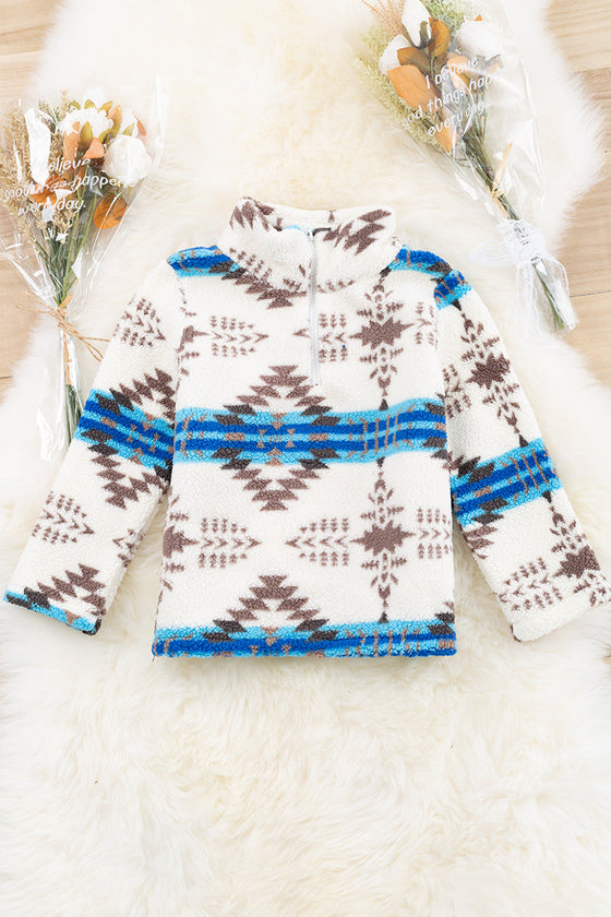 Aztec/brown on white sherpa pullover. TPG60153026-SOL