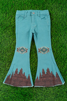  Teal blue aztec printed bootcut denim pants. PNG65153059-LOI