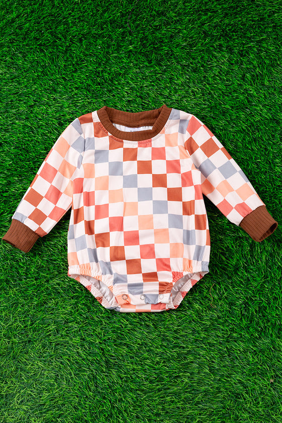 Multi-color checker printed long sleeve infant  onesie. RPG65153023-JEANN