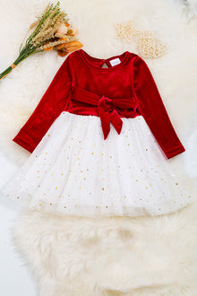  Red velvety fabric with white tulle skirt & golden stars. DRG50153033 MARY