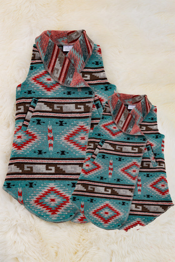 (Women) Teal aztec printed cardigan with pockets. TPW65153027 loi