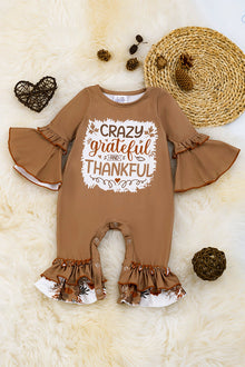  Crazy, grateful and thankful" Latte printed baby romper with ruffle w/ bell sleeve. RPG45143014 SOL