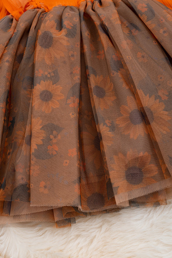 Orange with sunflower printed brown tulle skirt dress. DRG45133037 AMY