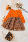 Orange with sunflower printed brown tulle skirt dress. DRG45133037 AMY