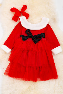  RED MISS SANTA RUFFLE DRESS WITH WHITE FLUFFY TRIM. DRG50133084 LOI
