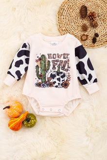  "Howdy Fall" cow printed pumpkin & sleeves cute onesie. RPG65153081 AMY