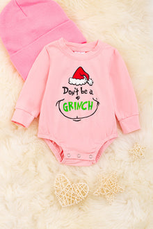  "Don't be a Grinch" Pink baby onesie with snaps. RPG90113004 jeann