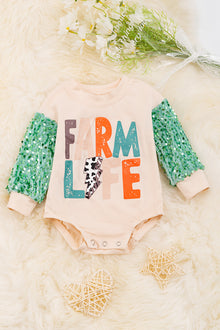 Farm Life: Ivory graphic baby onesie with sequins sleeves. RPG65133104 EMILY