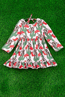  Red cowgirl hat & cactus printed ruffle hem dress. DRG65113129-AMY