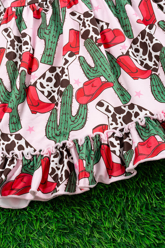 Red cowgirl hat & cactus printed ruffle hem dress. DRG65113129-SOL