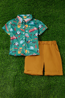  Police car, fire fighter, multi-printed  boys shirt & mustard shorts. OFB25153004 AMY