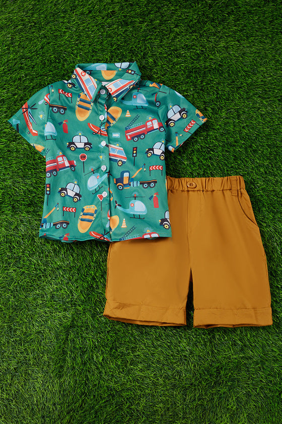 Police car, fire fighter, multi-printed  boys shirt & mustard shorts. OFB25153004 AMY