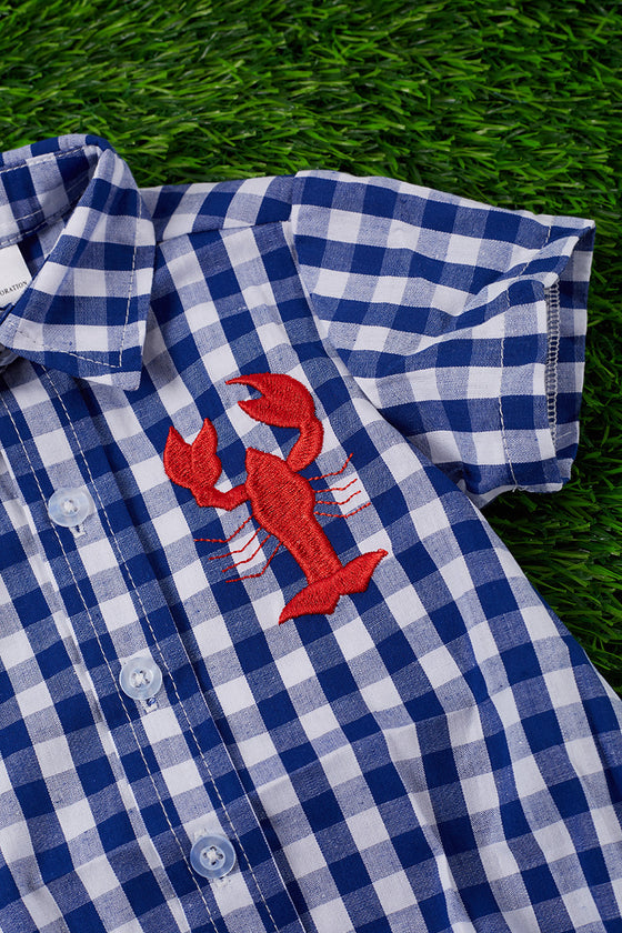 Navy blue gingham baby onesie with embroidered lobster. RPB25153001 amy