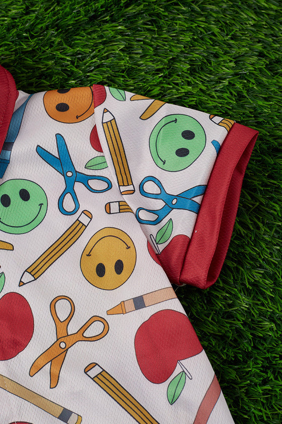 Back to school, scissors, crayons & emoji printed shirt. TPB35153001 AMY