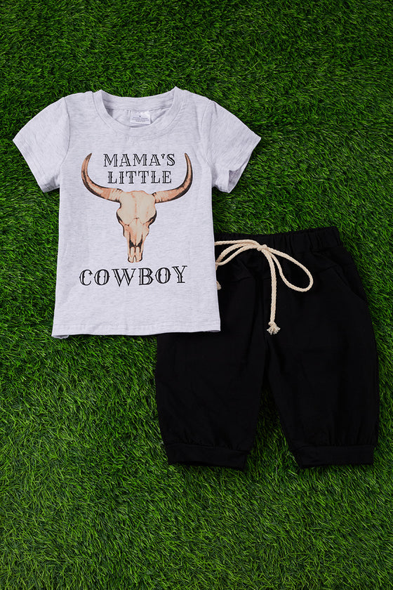 Mama's Little cowboy" gray tee shirt & black shorts. OFB25133020 LOI