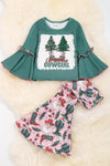Christmas cowgirl graphic tee with bell sleeves & Santa printed bottoms. DRG60153001 JEANN