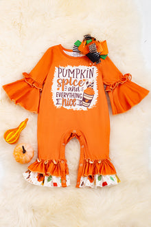  Pumpkin Spice & everything nice" graphic printed baby romper with bell sleeves. RPG45143015-SOL