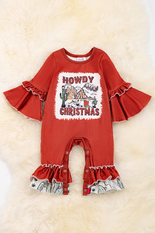  "Howdy Christmas" graphic printed baby romper with bell sleeves. RPG50143003 MY