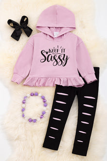  Keep it sassy" purple tunic w/hoodie with distressed leggings.OFG65113090 sol