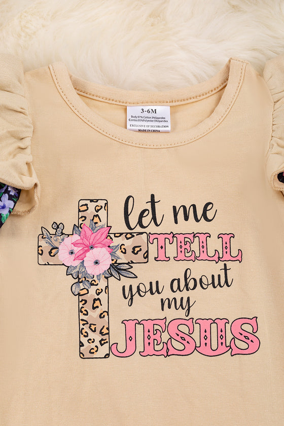 Let me tell you about my Jesus" Ivory baby romper with floral printed ruffle. RPG65143042 AMY