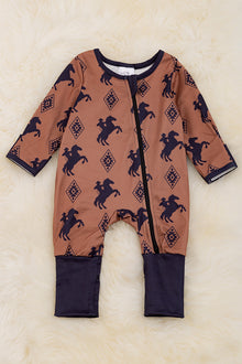  Horse rider, diamond print on brown baby romper. RPB65153045 Emily