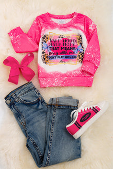  Hot pink Half Hood Half Holy printed girls sweatshirt. TPG65153104 AMY