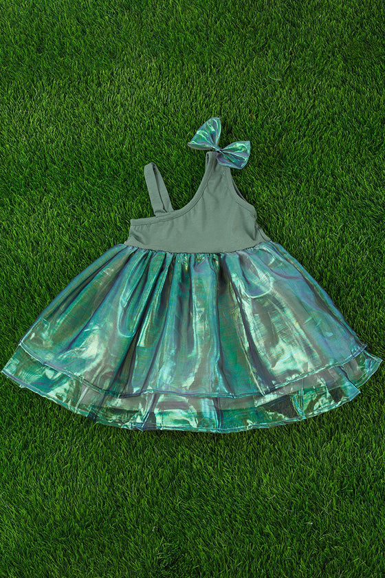 GREEN COLD SHOULDER WITH METALLIC TULLE DRESS. DRG251123134-SOL