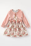 Blush floral girls dress with front bows and faux velvety cardigan. OFG70081 BRE