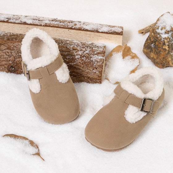 Khaki sherpa slip on shoes. CG5149