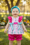 Blue printed bull skull tunic w/side bows and fuchsia sleeve accent and baby shorts. RPG61193 SOL