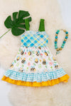 Plaid bee printed girls ruffle hem dress. DRG15134018 AMY