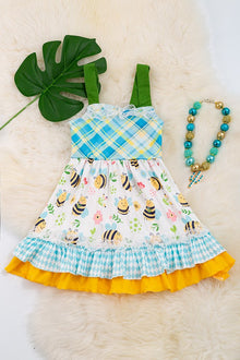  Plaid bee printed girls ruffle hem dress. DRG15134018 AMY