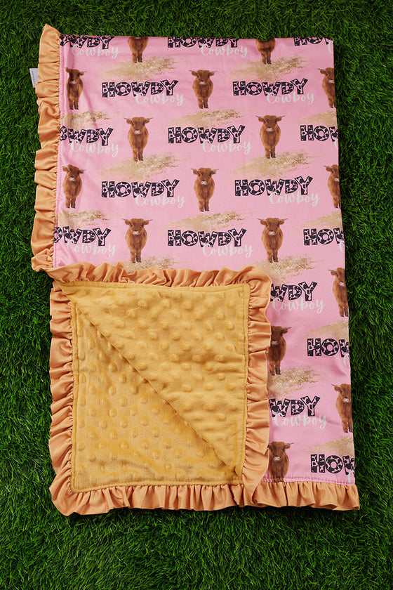 Howdy cowboy" highland cow printed baby blanket. 35" BY 35"