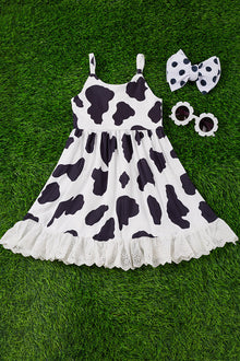  Cow printed flare dress with white embroidered hem. DRG25153284 WEN