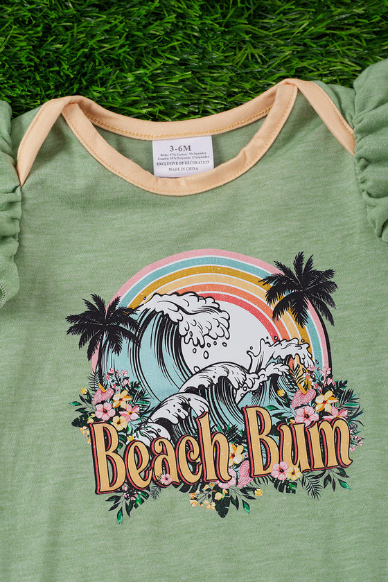 Beach bum" green wave printed baby romper with ruffle. RPG251423036 wen