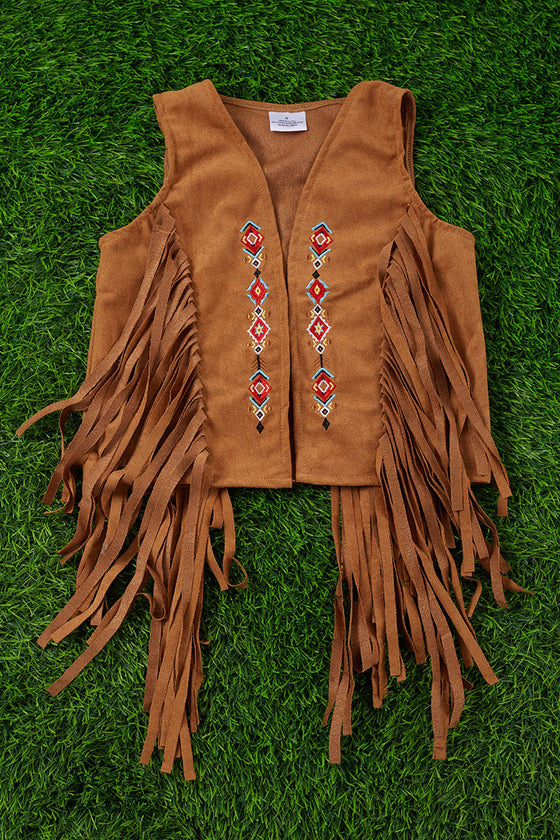 Aztec embroidered vest with fringe detail. TPG25113020 Wendy