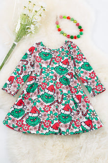  Green character/floral printed flare dress. DRG50153036-JEANN