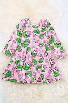  Pink checker printed dress w/Christmas character. DRG90113025-LOI