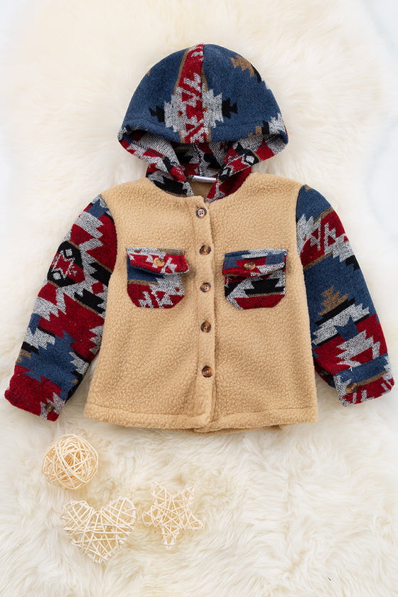 💎Ivory sherpa shacket with hoodie & Aztec printed sleeves. TPG65133056