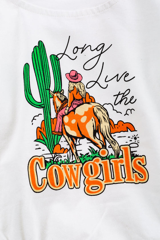 Long Live the cowgirls" Cowgirl printed white baby onesie. RPB65153012 Mary