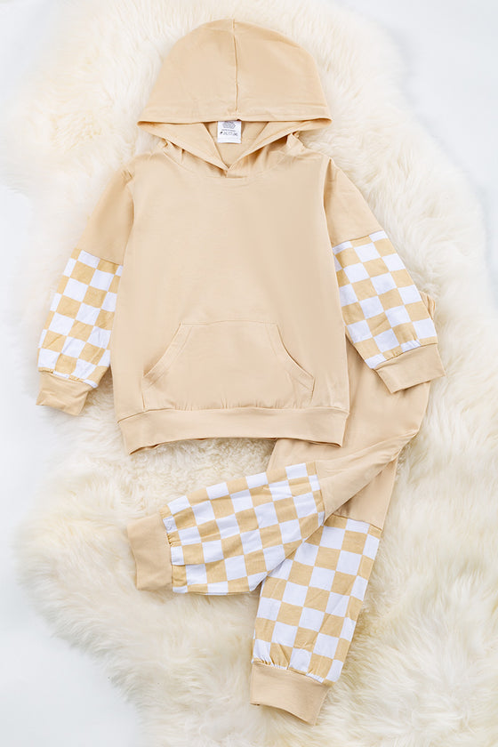 Cream Checker boys jogger set with hoodie. OFB65133006 WENDY