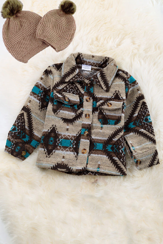 Ivory, brown & teal geometric shacket with pockets. TPG65133052 LOI