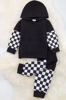  Black & white Checker printed boys jogger set with hoodie. OFB65133007 sol