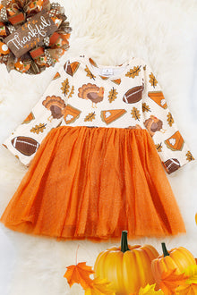  Sweet Thanksgiving & football printed sparkly tulle dress. DRG55113020 MARY