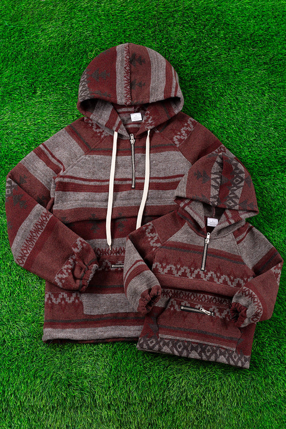 💎Maroon & gray unisex Aztec printed pullover sweater with hoodie. TPG65113040 -wendy