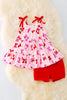 🌸Bow printed ruffle tunic & red shorts. OFG40755 SOLL